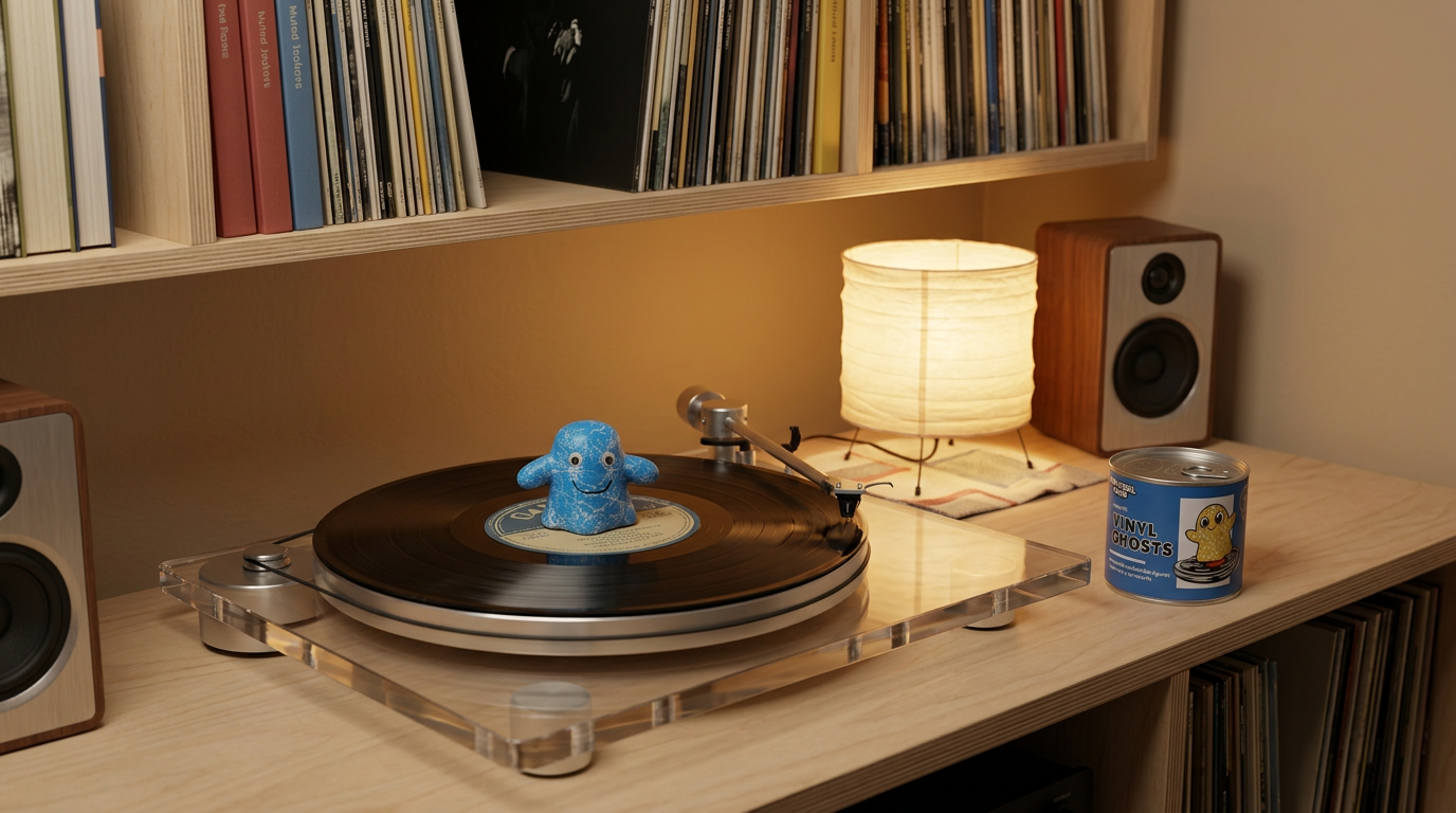 Blue Vinyl Ghost spinning on a record player in a cozy vinyl listening setup